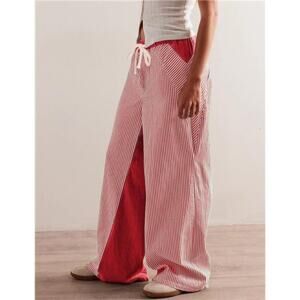 Women Y2k Red Striped Wide Leg Pants Baggy Drawstring Jeans Trendy Low Rise